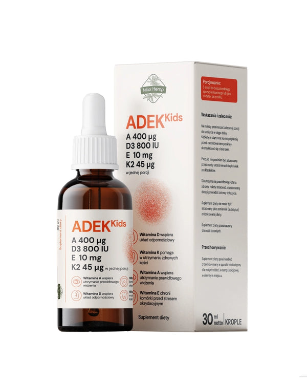 ADEK Kids - witaminy A, D3, E, K2 dla dzieci Max Hemp - butelka z opakowaniem